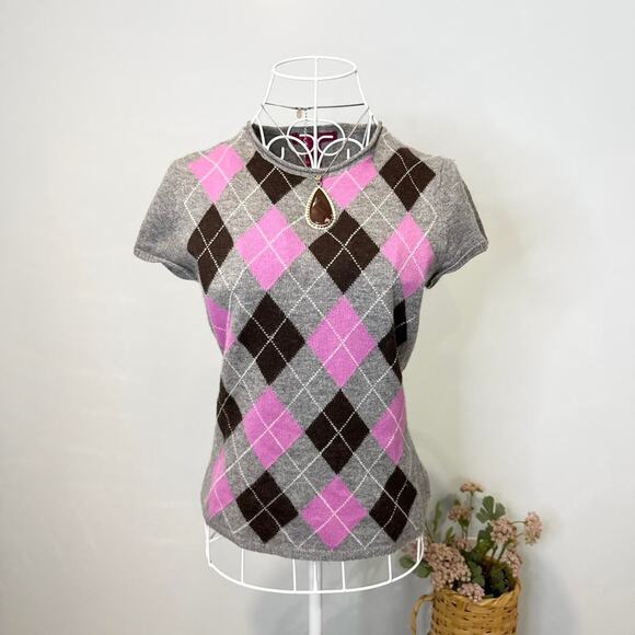 gorgeous vintage y2k caché cashmere grey argyle short sleeved sweater top - Picture 2 of 6